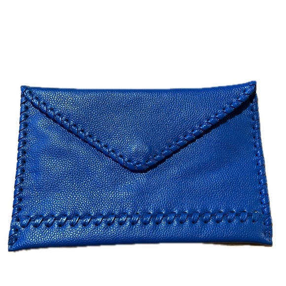 LAGGO Stitched Polka Blue Pebble Leather Envelope Clutch NWOT - Picture 1 of 6